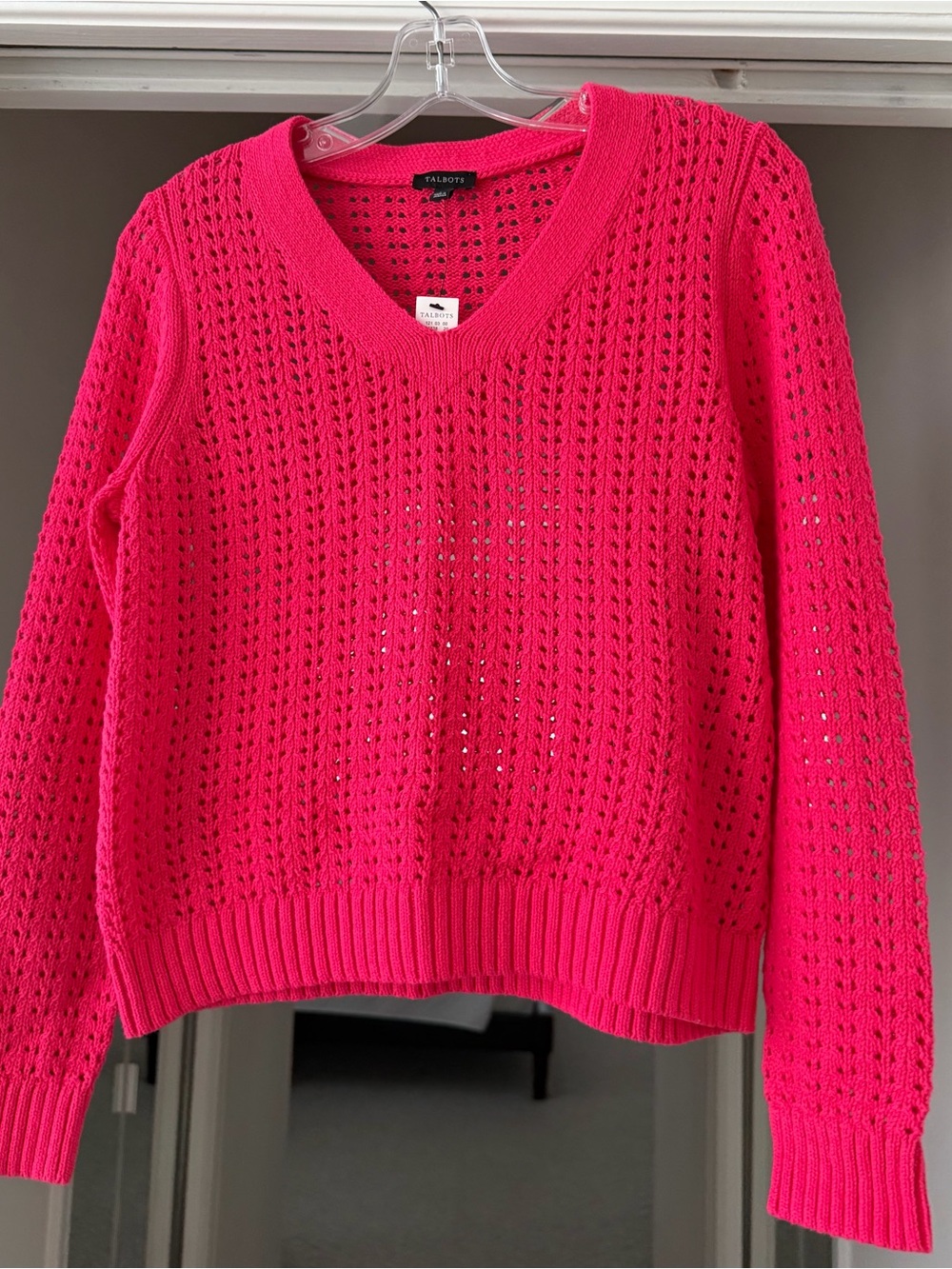 Talbots Openwork V-Neck Sweater in Bright Pink
